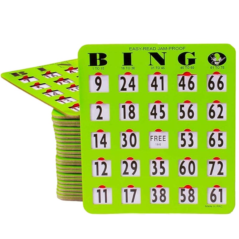 MR CHIPS Jam-Proof Easy-Read Large Print Fingertip Bingo Cards with Sliding Windows 25 Pack in Green Style - Image 1